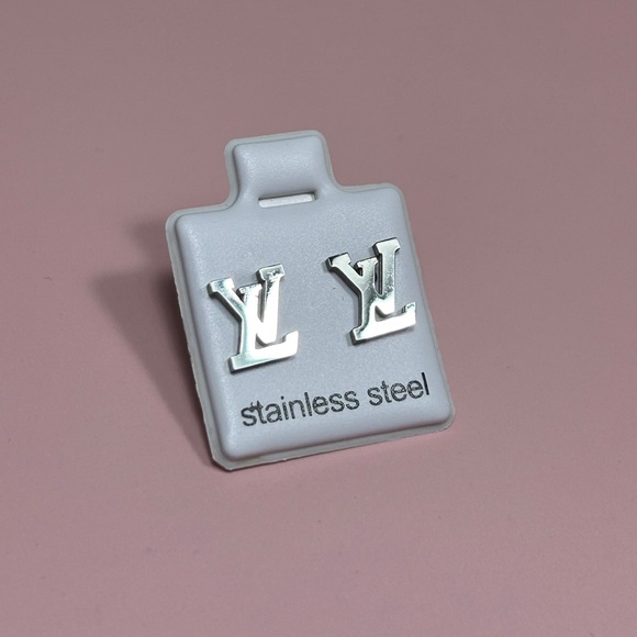 Silver Stainless Steel Logo Stud Earrings - Picture 3 of 8